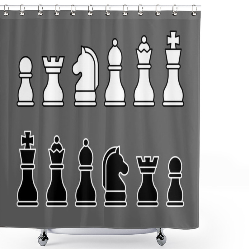 Personality  Black And White Set Of Chess Pieces In A Flat Style, Arranged On A Gray Background Shower Curtains