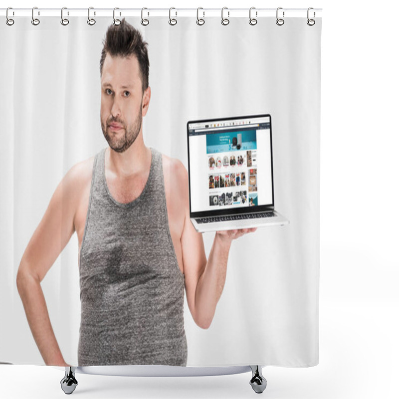 Personality  Overweight Man Looking At Camera And Holding Laptop With Amazon Website On Screen Isolated On White Shower Curtains