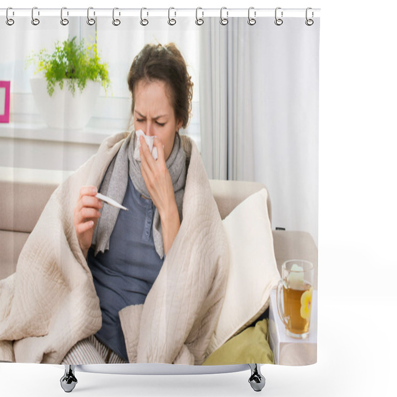 Personality  Sick Woman With Thermometer. Flu. Sneezing Into Tissue Shower Curtains