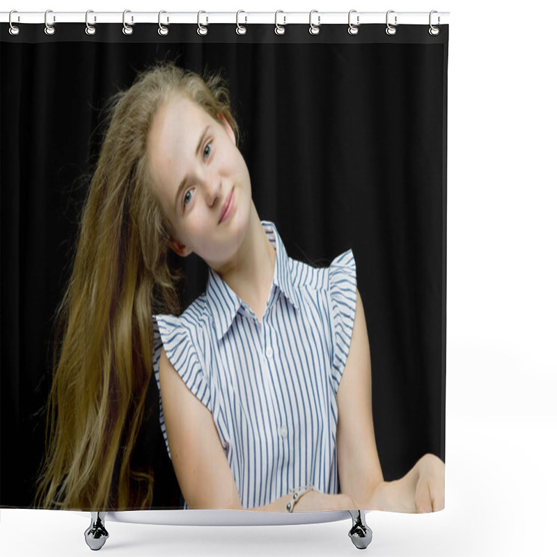 Personality  Schoolgirl Portrait Of Teenage Girl Close-up. Isolated Shower Curtains