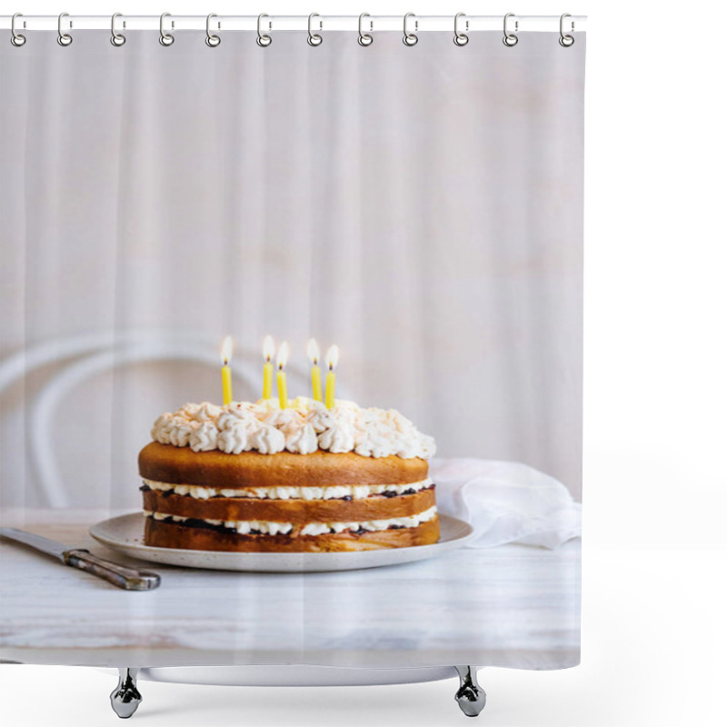 Personality  Delicious Layered Cake With Candles On A White Plate, Perfect For Celebrations. Shower Curtains