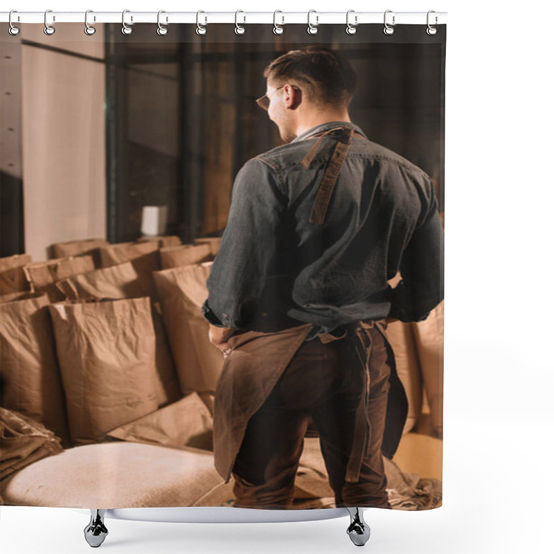 Personality  Back View Of Coffee Shop Worker In Apron Looking At Paper Bags With Coffee Beans Shower Curtains