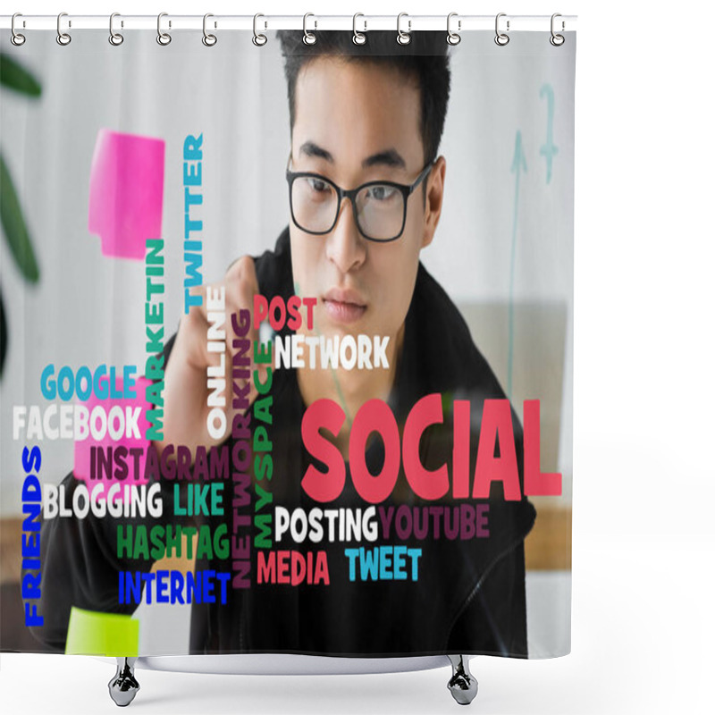 Personality  Asian Seo Manager Writing On Glass With Illustration Of Concept Words Of Social Media  Shower Curtains