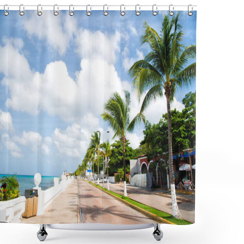 Personality  Street Road With Waterfront Near Green Palm Trees, Cozumel, Mexico Shower Curtains