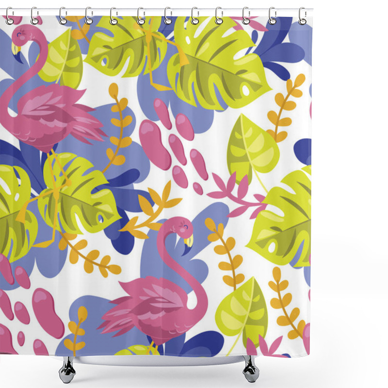 Personality  Seamless Background With Pink Flamingo And Monstera Leaves, Cartoon Flat Style And Bright Palette, Vector Illustration Shower Curtains