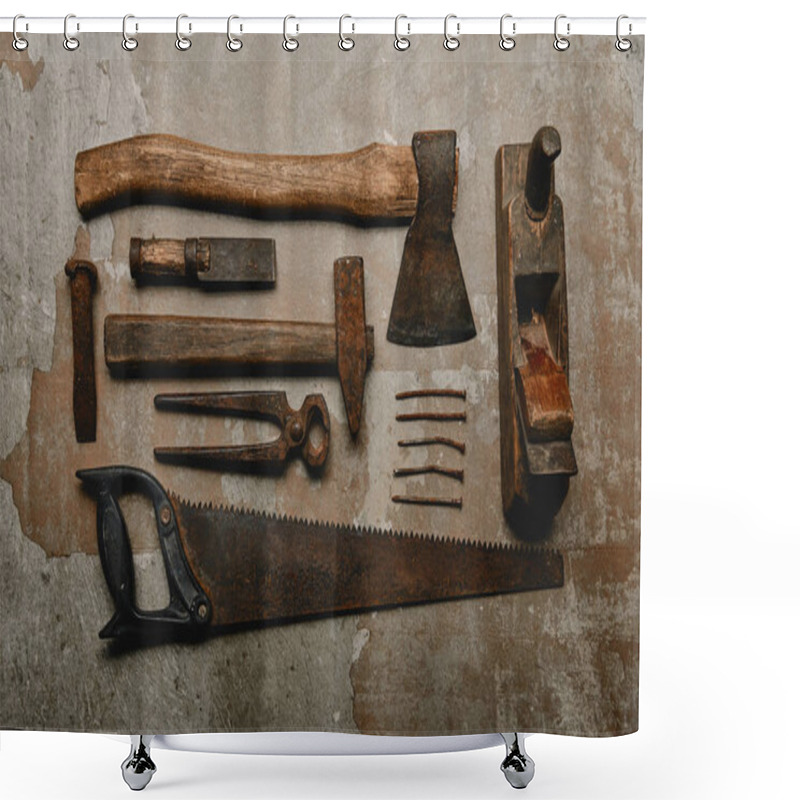 Personality  Top View Of Various Rusty Carpentry Tools On Old Background Shower Curtains