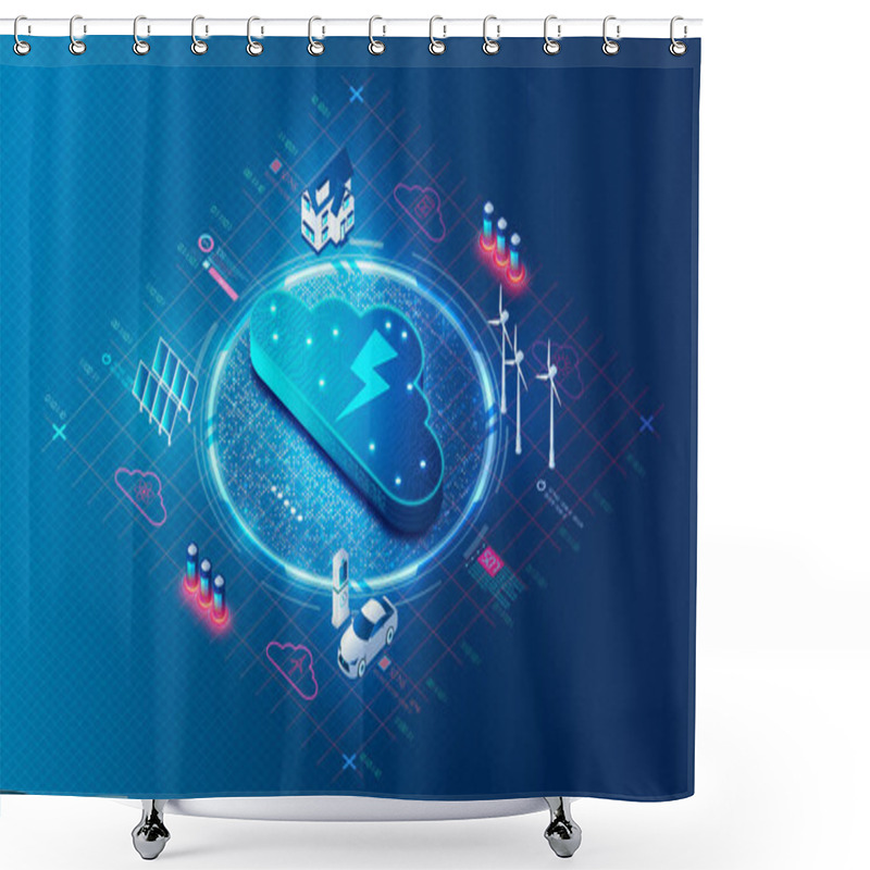 Personality  Virtual Power Plant Concept - VPP - Cloud-based Distributed Power Plant That Collects The Capacities Of Distinct Energy Resources - Distributed Generation - 3D Illustration Shower Curtains