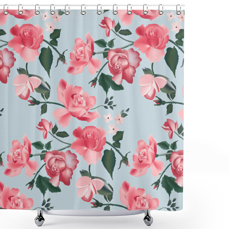 Personality  Retro Roses Realistic Pattern. Modern Red Roses Romantic Plant Texture With Green Leaves, Fabric Design Shower Curtains