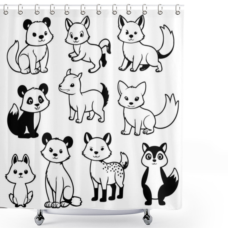 Personality  Black And White Cute Animal Kids Collection, Sketch Line Art Design, Adorable Animal, Domestic Animal Set Silhouette Vector, Wild Animal Illustration. Shower Curtains