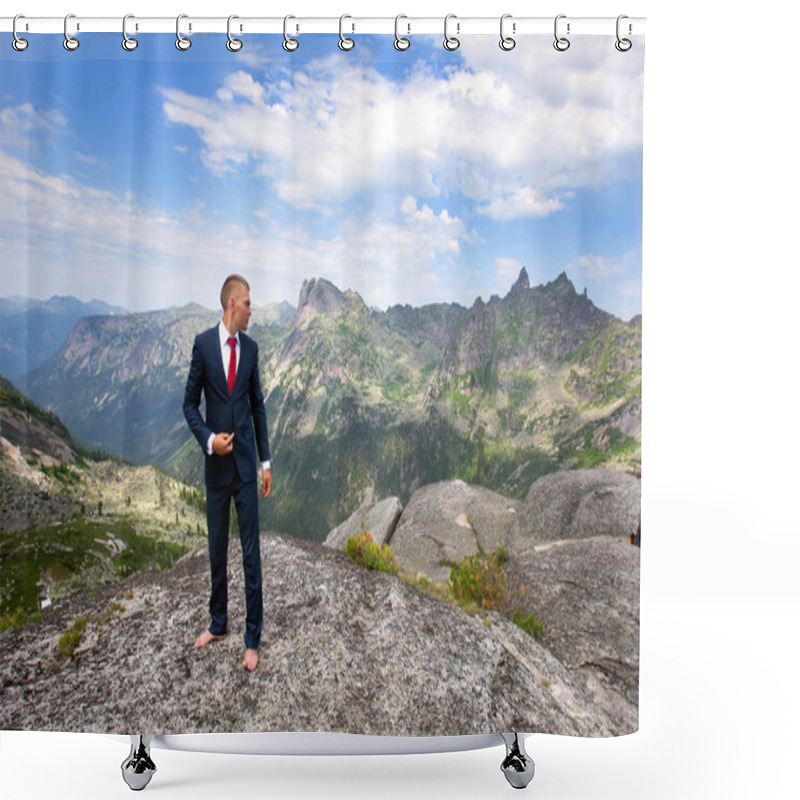 Personality  Portrait Of A Young Man In A Business Suit At The Top Of The Mountain On The Background Of Mountains And Blue Sky On A Sunny Summer Day Shower Curtains