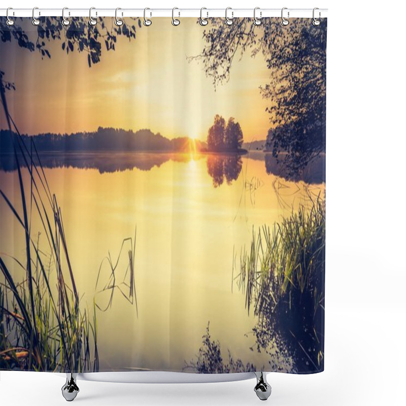 Personality  Sunset Over Calm Lake Shower Curtains