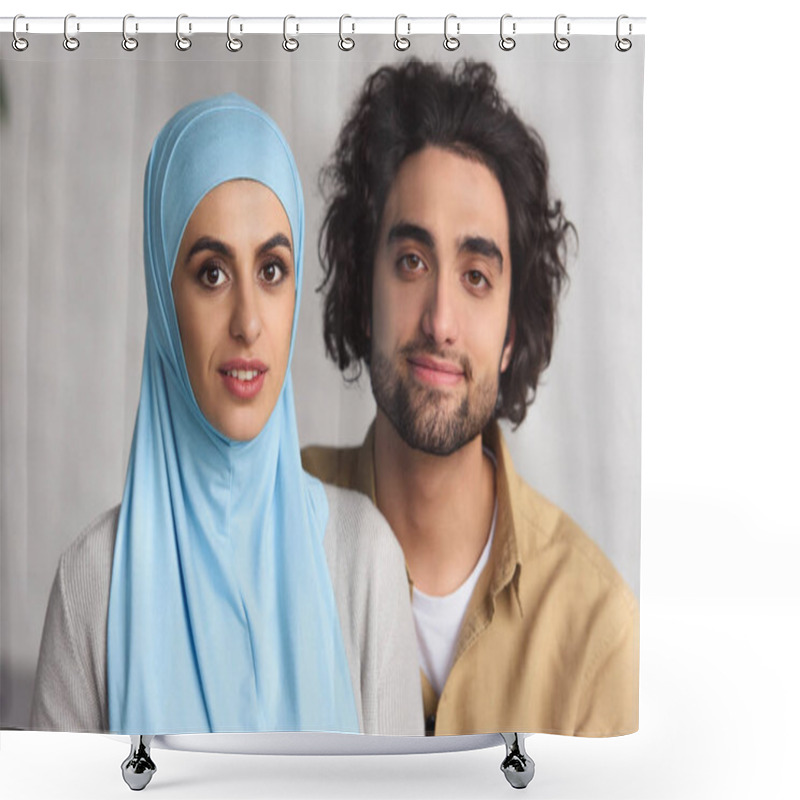 Personality  Portrait Of Muslim Couple Looking At Camera At Home Shower Curtains