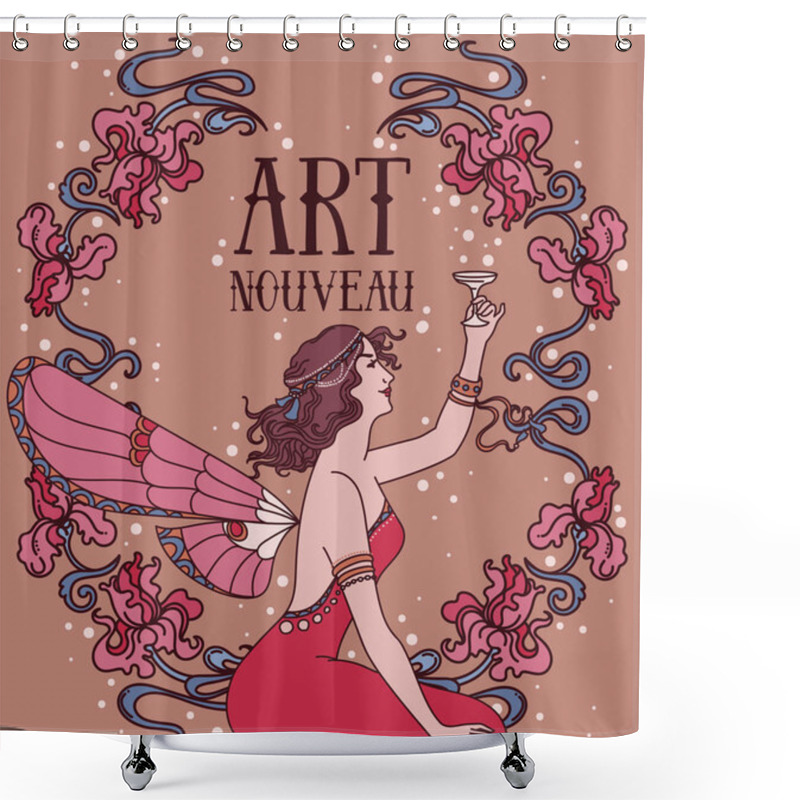 Personality  Beautiful Poster In Art Nouveau Style With Fairy Woman And Irises Floral Frame Shower Curtains