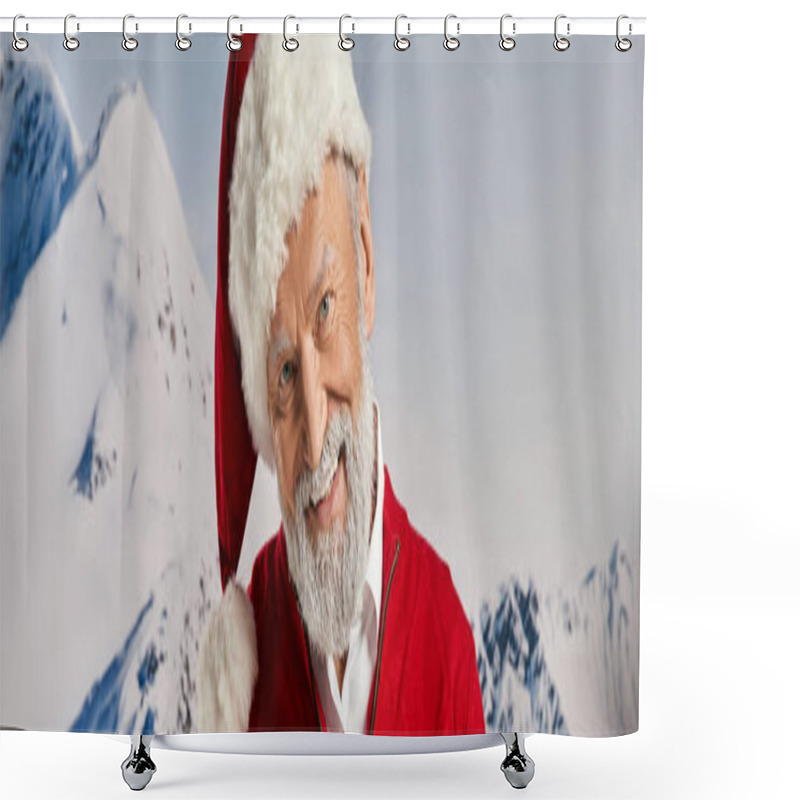 Personality  Cheerful White Bearded Santa Smiling At Camera With Snowy Mountain Backdrop, Winter Concept, Banner Shower Curtains