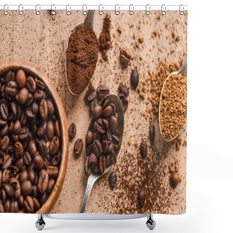 Personality  Top View Of Ground, Instant Coffee And Beans In Spoons Near Wooden Bowl On Beige Surface Shower Curtains