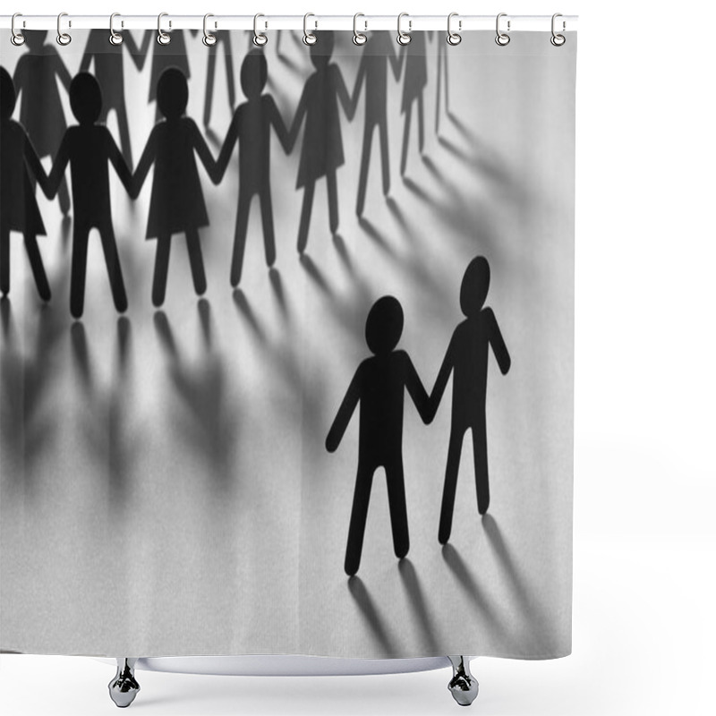 Personality  Black Paper Figure Of Male Couple In Front Of A Crowd Of Paper People Holding Hands On Orange Surface. Social Movement, Minorities, Protest Concept. Shower Curtains