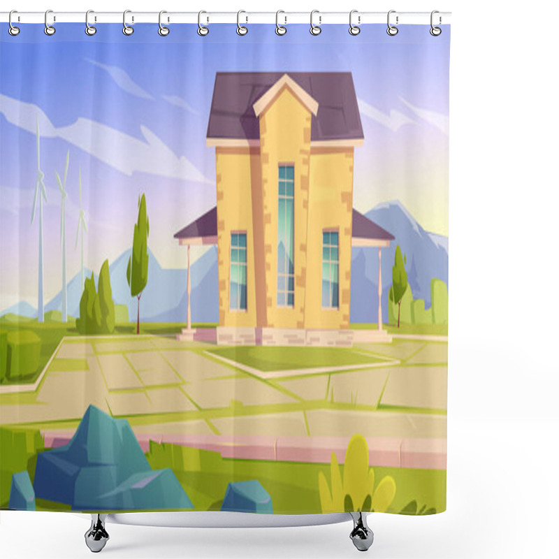 Personality  Vector Landscape With House And Wind Turbines Shower Curtains