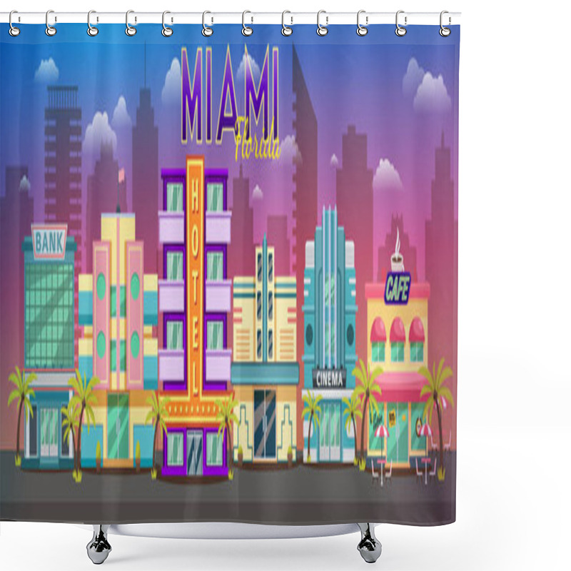 Personality  Old Miami Skyline Panorama At Sunset. Retro City Retro Cityscape, Retro Background Miami Florida Skyline Shower Curtains