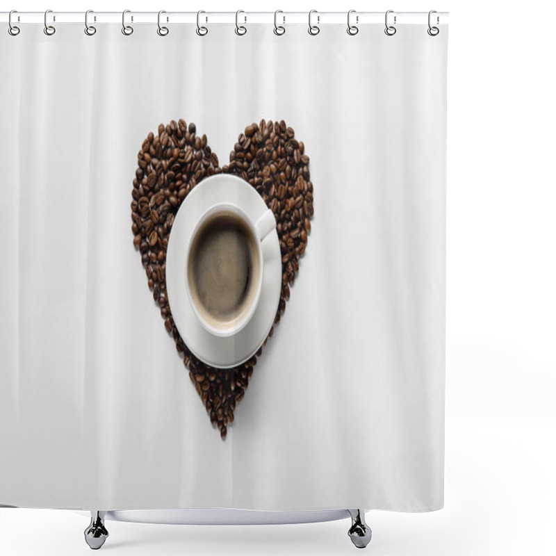 Personality  Top View Of Tasty Coffee In Cup On Saucer With Heart Made Of Coffee Grains On White Background Shower Curtains