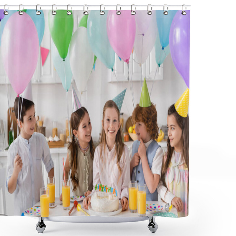 Personality  Group Of Happy Children In Party Caps Having Fun During Birthday Celebration Next To Balloons At Home  Shower Curtains