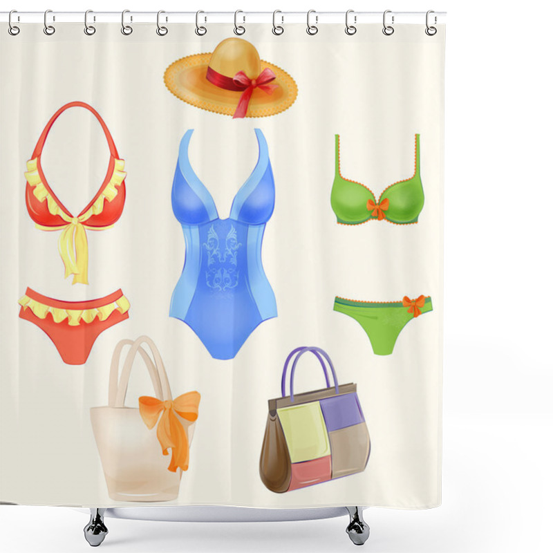 Personality  Set Of Swimsuits And  Beach Handbags  Shower Curtains