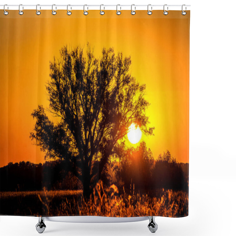 Personality  Beautiful Sunset, Warm Summer Evening On The Edge Of The Forest Are Lonely Trees, And The Sun Falls Over The Horizon Shower Curtains