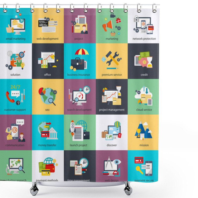 Personality  Flat Conceptual Icons Set Of Seo Monitoring And Digital Marketing, Creative Process, Business And Finance, Office, Teamwork, Data Analysis, Startup, Planning And Web Analytics. Flat Vector Icon. Shower Curtains