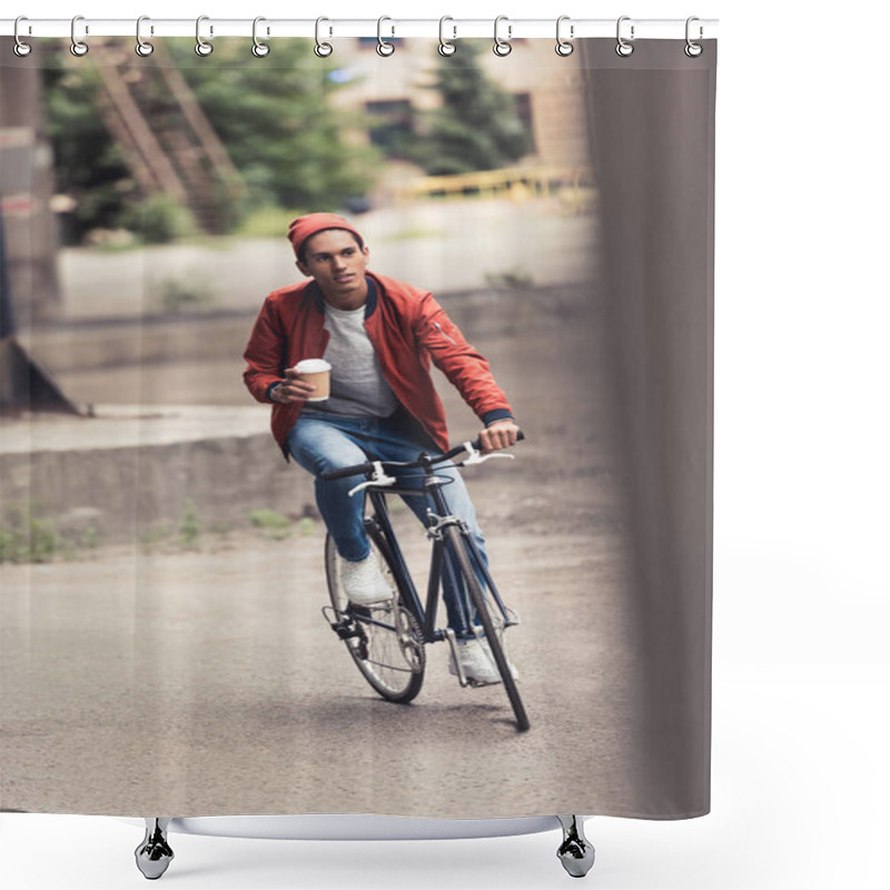 Personality  Man With Bicycle And Coffee To Go Shower Curtains