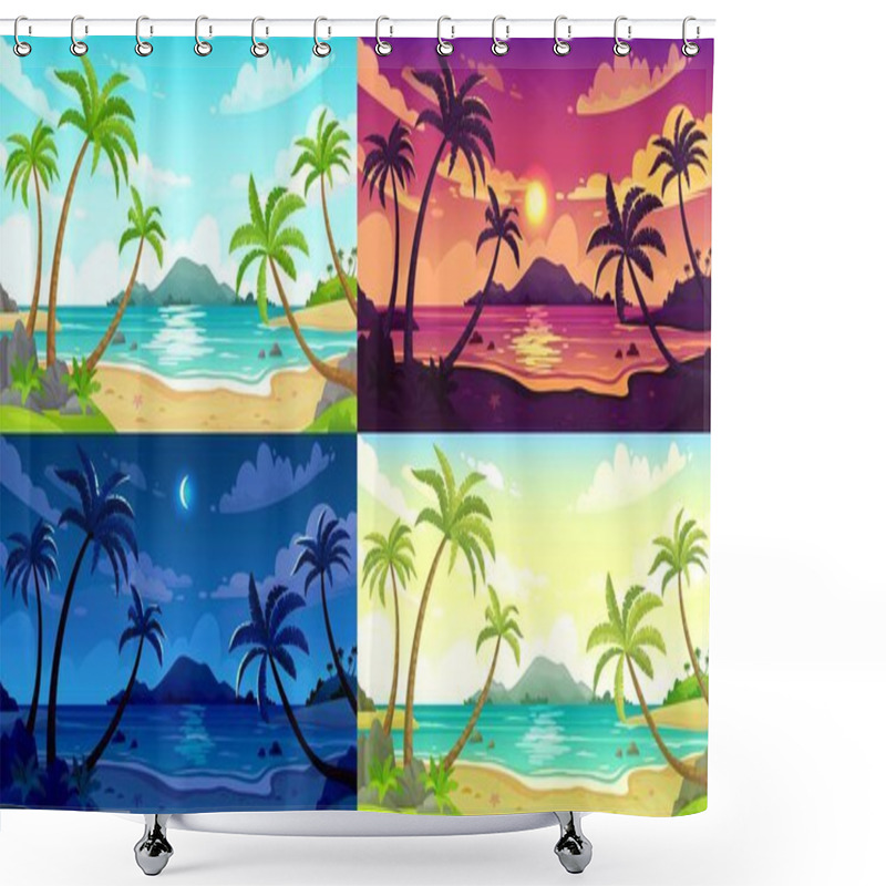 Personality  Daytime Beach Landscape. Sunny Day Seascape, Night Ocean And Sunset Beach Cartoon Vector Illustration Set Shower Curtains