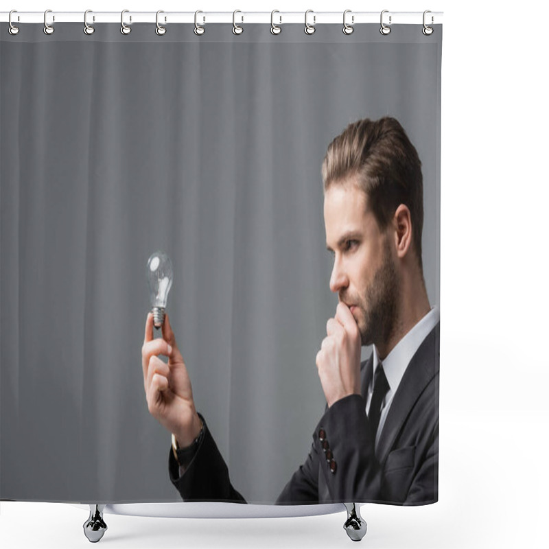 Personality  Thinking Businessman Holding Hand Near Face While Looking At Light Bulb Isolated On Grey Shower Curtains