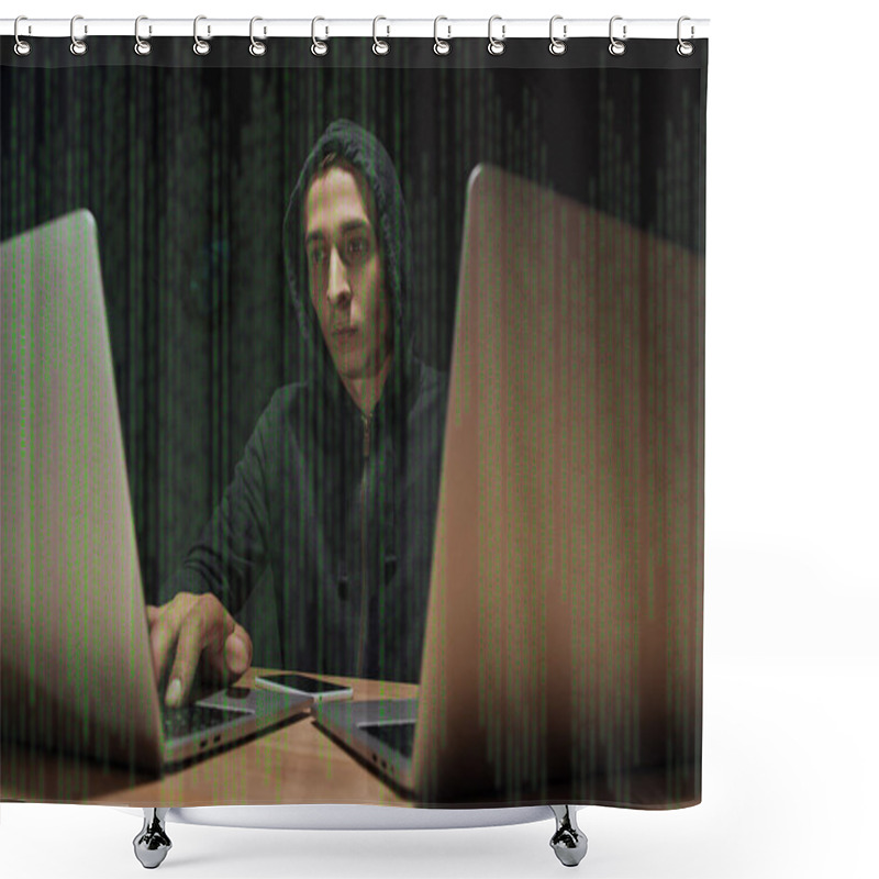 Personality  Portrait Of Hacker In Black Hoodie Using Laptops At Tabletop With Smartphone, Cyber Security Concept Shower Curtains