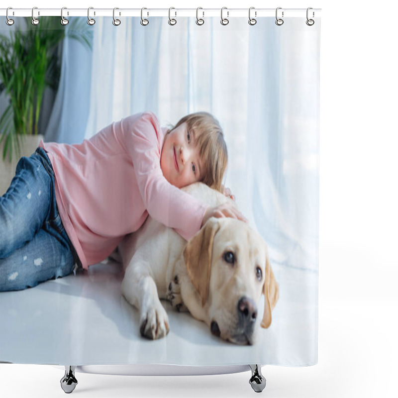 Personality  Happy Kid  With Down Syndrome And Labrador Retriever Cuddling On The Floor Shower Curtains