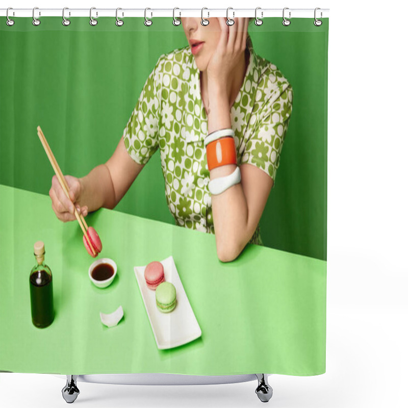 Personality  Cropped Image Of Girl Putting Sweet Macarons Into Soy Sauce With Chopsticks Over Green Studio Background. Food Pop Art Photography. Concept Of Retro Style, Creative Vision, Imagination. Sweet And Salt Shower Curtains