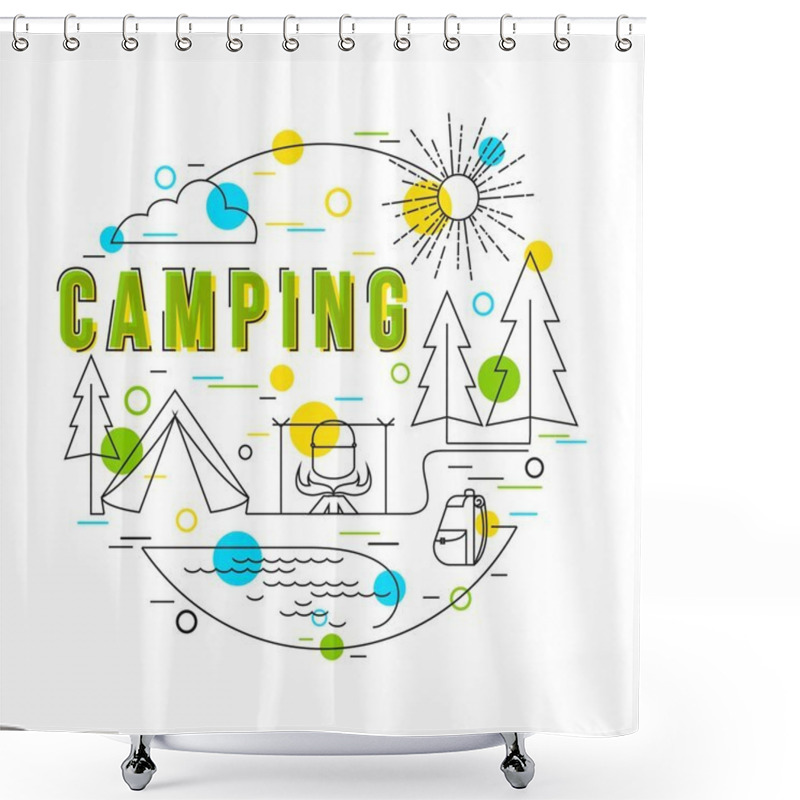 Personality  Camping Background With Vector Icons And Elements. Camping Equipment. Summer Camp. Family Camping. Camping Gear. Vector Hand Drawn Camp Illustration. Flat Style, Thin Line Art Design. Shower Curtains