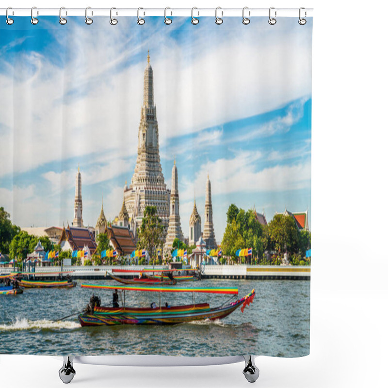 Personality  Temple Of Dawn Wat Arun With Boat Blue Sky Sunny Day Shower Curtains