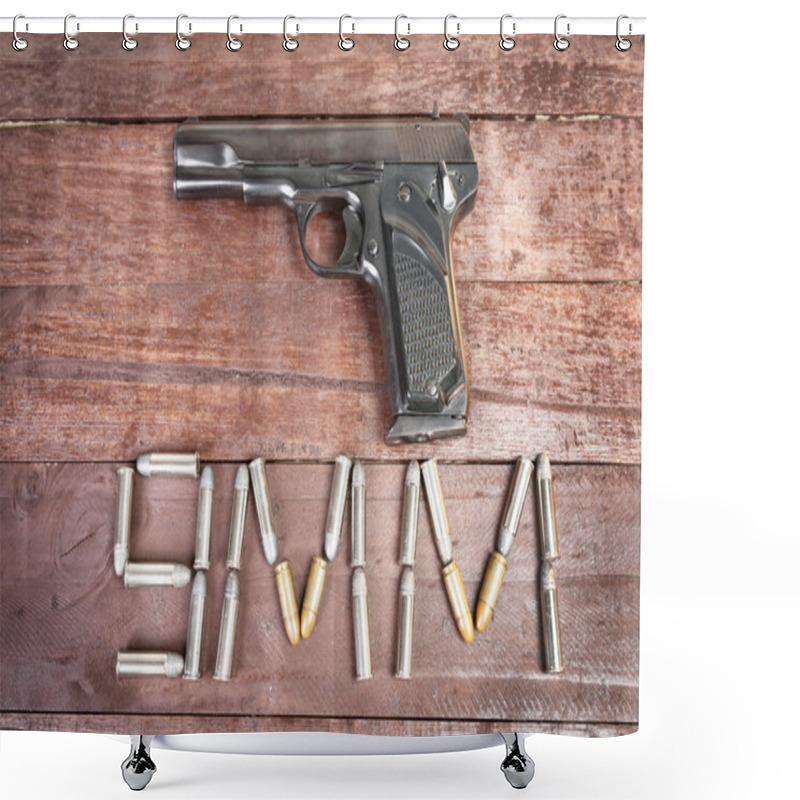 Personality  Semi-automatic 9mm Gun Isolated On Wooden Background Shower Curtains