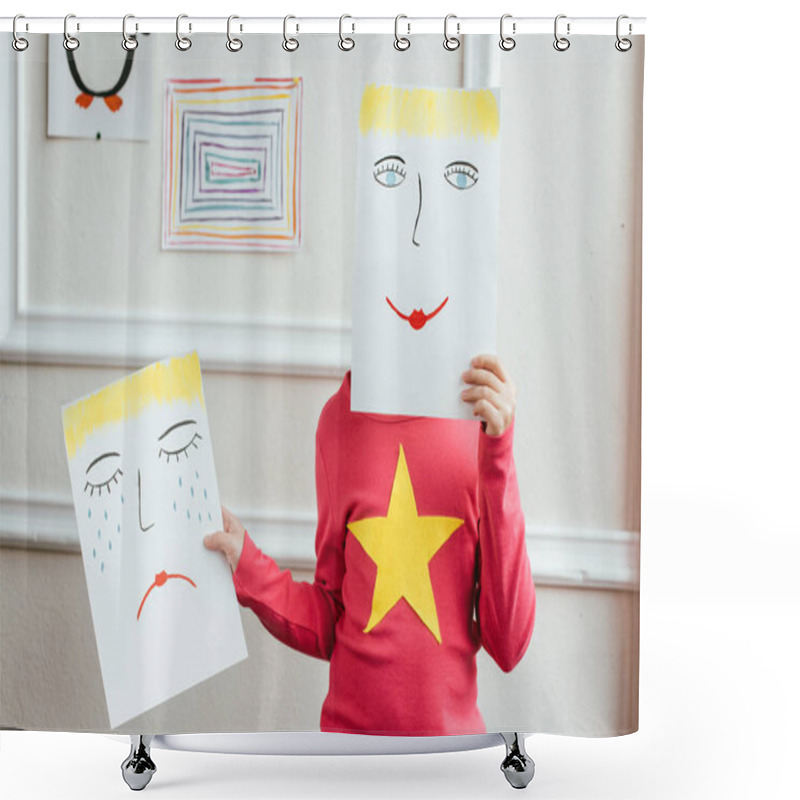 Personality  Kid Holding Two Paintings With Happy And Sad Faces Shower Curtains