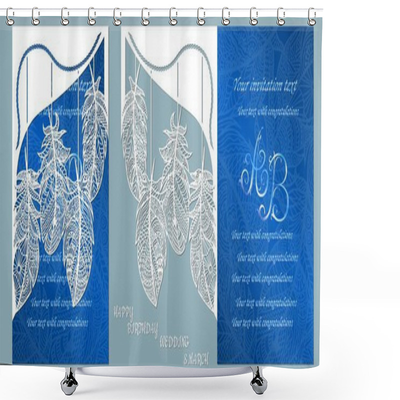 Personality  Wedding Invitation. Greeting Card With Feathers. Envelope Mock Up For Laser Cutting. Template For Laser, Plotter Cutting. Blue Shower Curtains