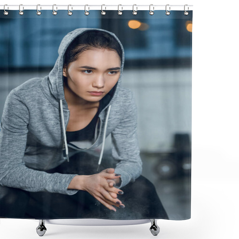 Personality  Young Fit Woman Clapping Hands With Talc Before Workout At Gym Shower Curtains