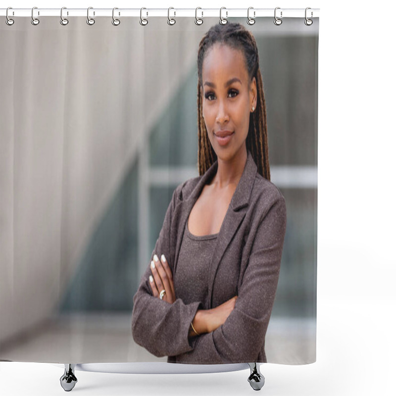 Personality  Beautiful Female African American Business Woman CEO In A Suit At The Workplace, Standing Confidently With Arms Folded Shower Curtains