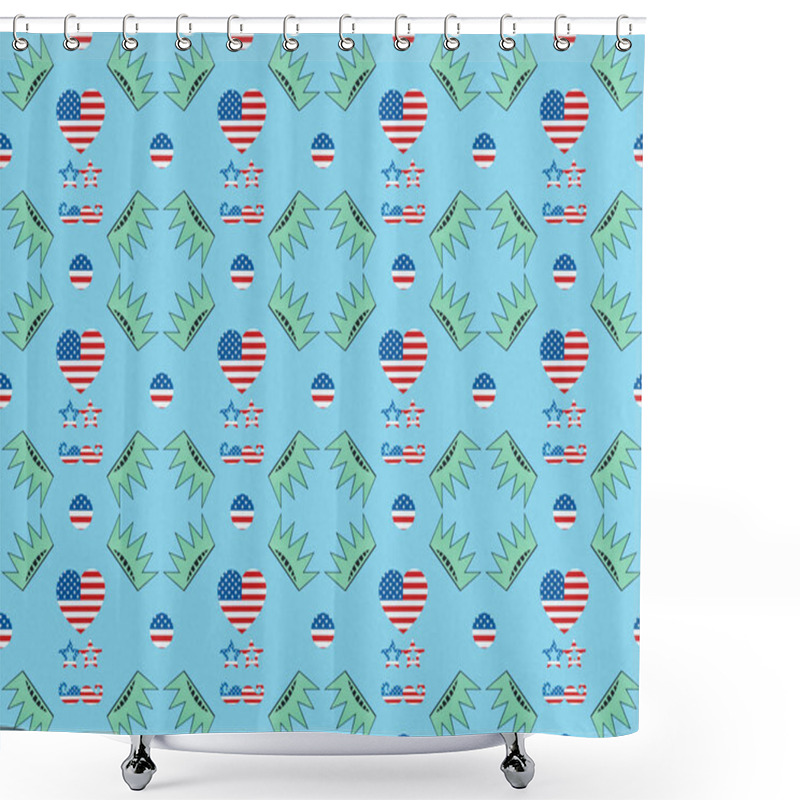 Personality  Seamless Background Pattern With Hearts, Mustache And Glasses Made Of Us Flags And Crowns On Blue, Independence Day Concept Shower Curtains