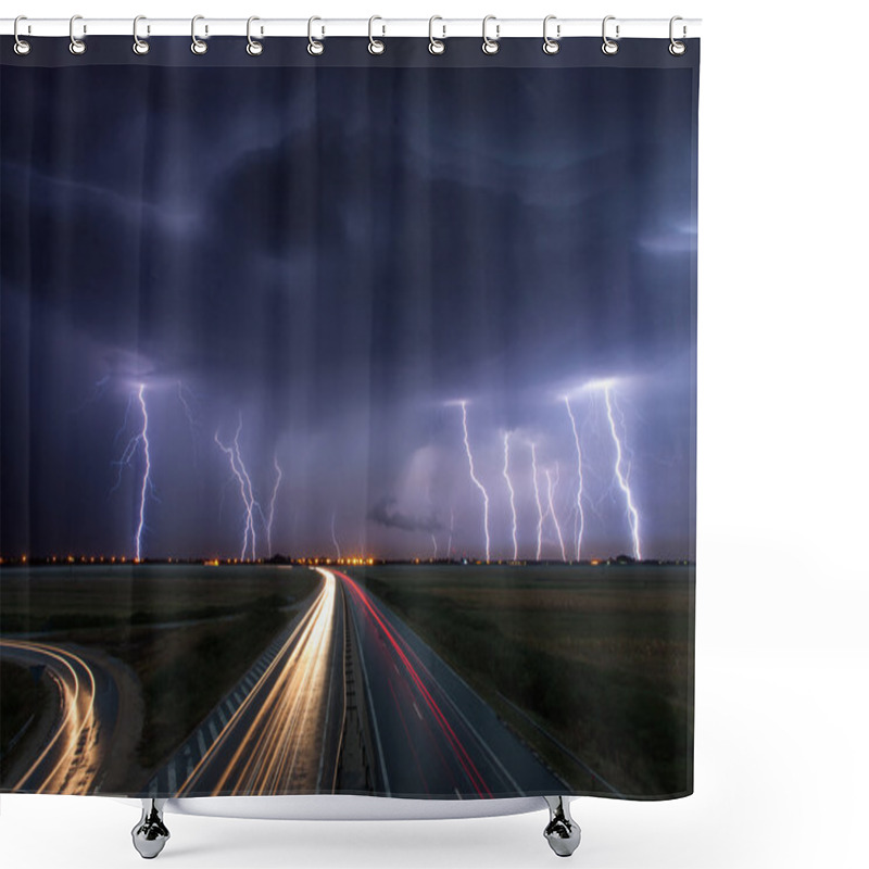 Personality  Thunderstorm And Lightnings In Night Over A Highway With Car Lig Shower Curtains