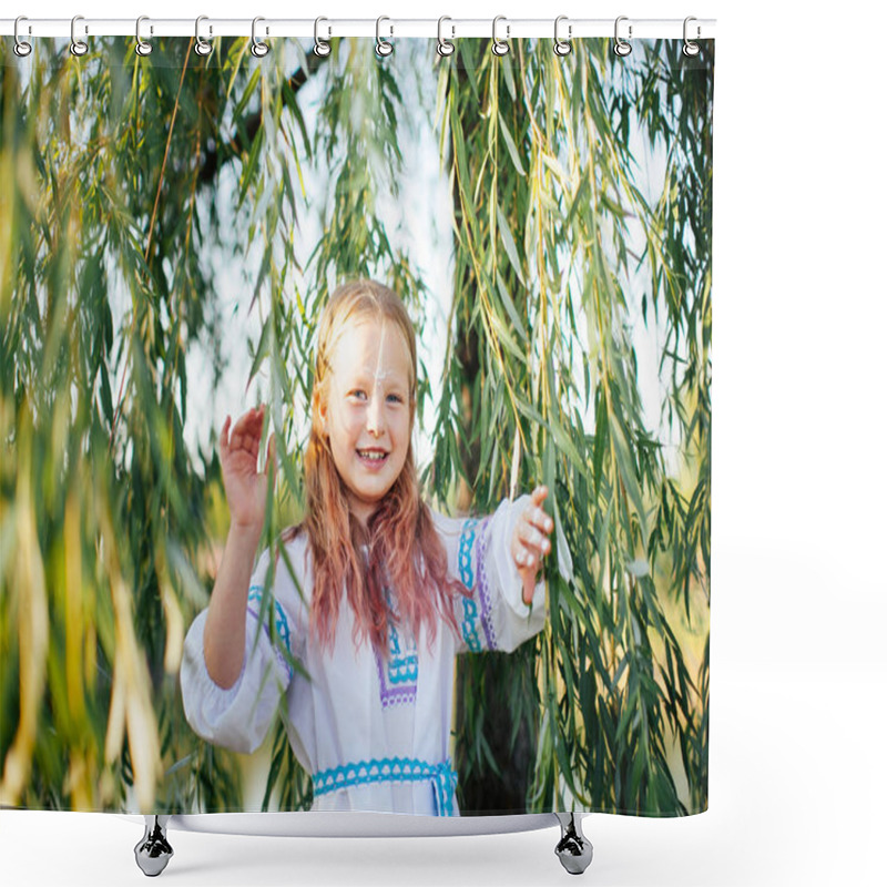 Personality  Cute Blonde Girl In White National Dress With Embroidery Poses At The Green Tree At The Spring Festival Shower Curtains