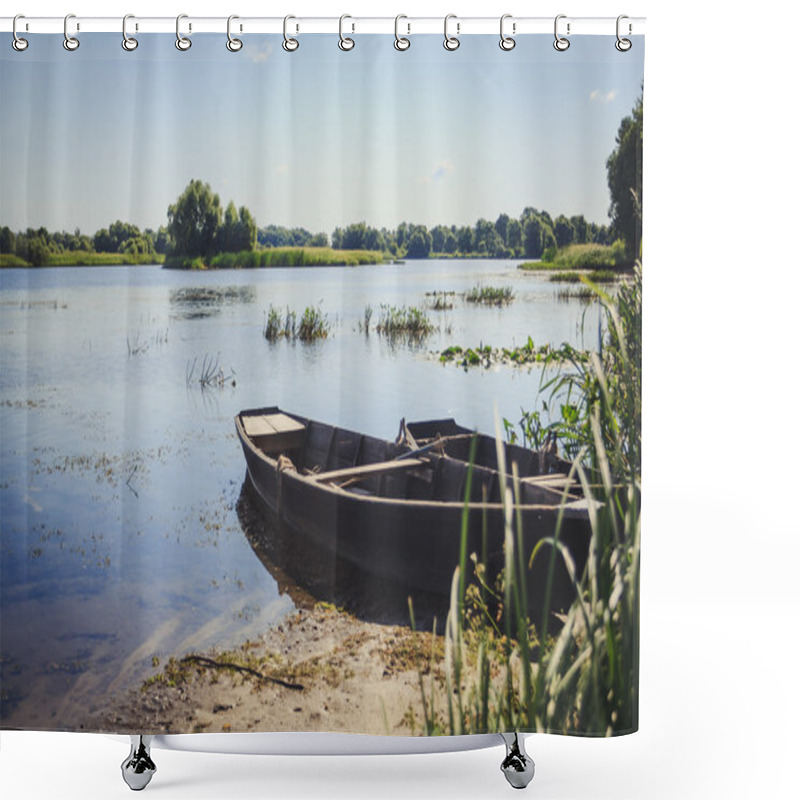 Personality  Rowing Boats In The Reeds On The Lake Shore Shower Curtains