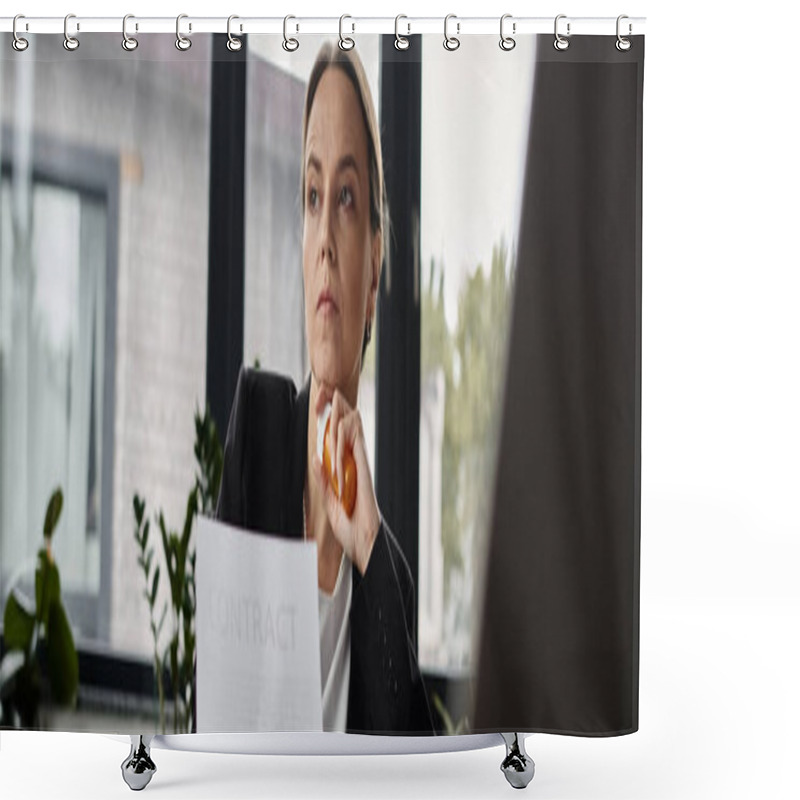 Personality  Woman Sitting At Window, Reading Paper With Intense Focus. Shower Curtains