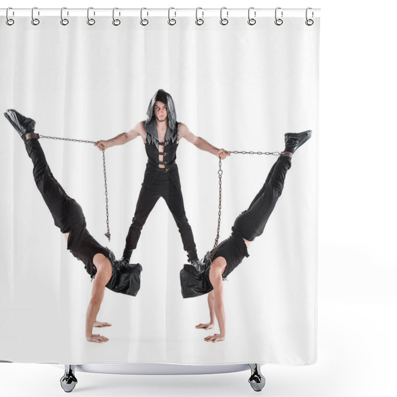 Personality  The Group Of Gymnastic Acrobatic Caucasian Men On Balance Pose Shower Curtains