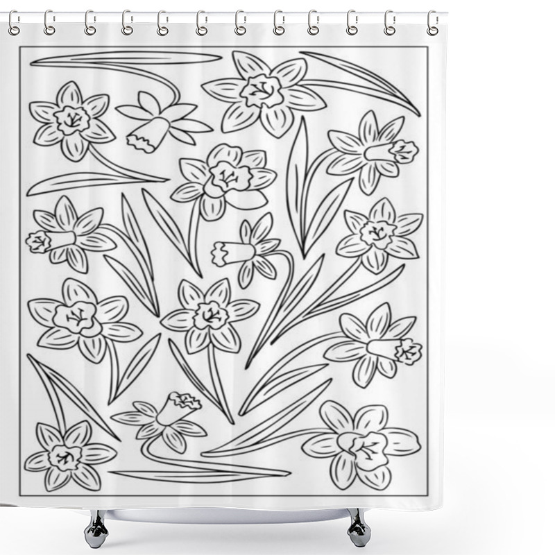 Personality  Line Art Illustration Of Daffodils With Intricate Floral Patterns And Leaves, Ideal For Coloring Books Or Artistic Designs. Vector Hand Drawn Outline Illustration Isolated On White Background Shower Curtains