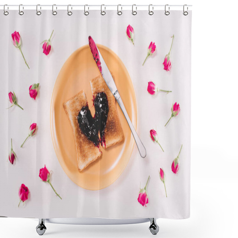 Personality  Top View Of Toast With Jam And Knife On Yellow Plate Isolated On White, Valentines Day Concept Shower Curtains