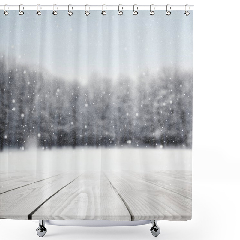 Personality  Wooden Table Over Winter Snow Covered Forest. Beauty Nature Background Shower Curtains