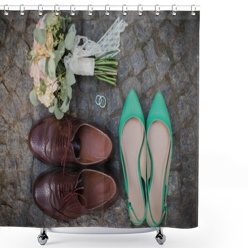 Personality  Wedding Bouquet, Shoes, Rings On The Stone Tile Shower Curtains